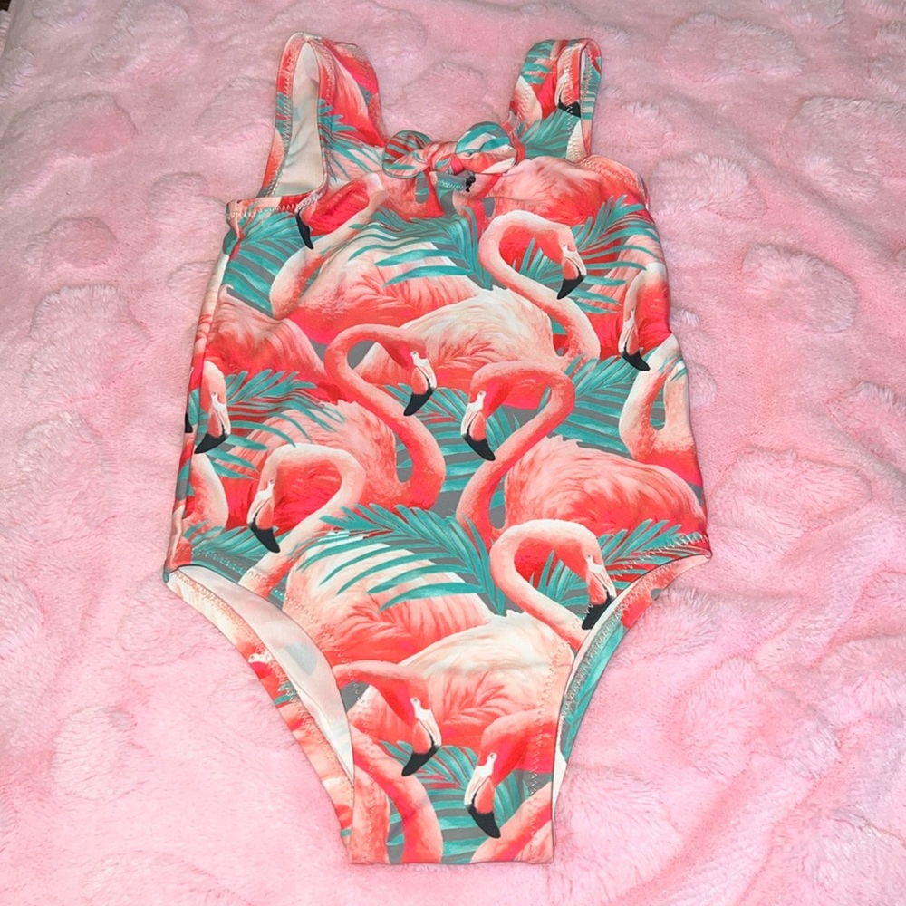 Kids Flamingo Print One-Piece Swimsuit - Coral Pink & Teal